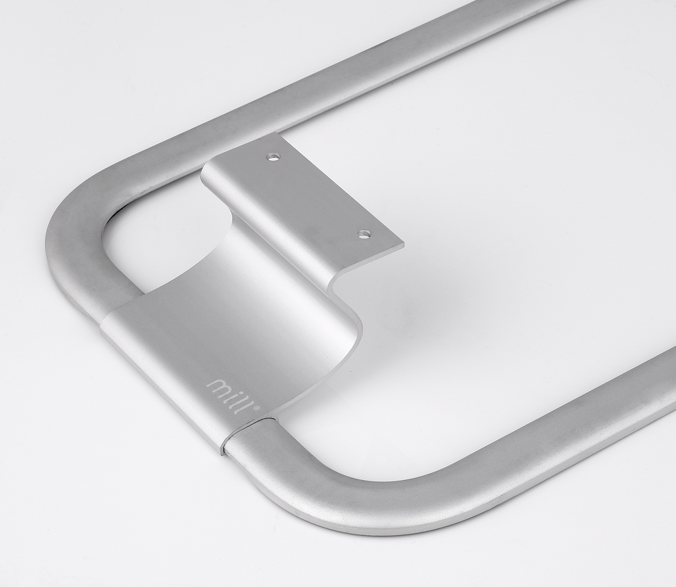 Silver metal bracket with curved sides and a flat section with two holes, mill logo.