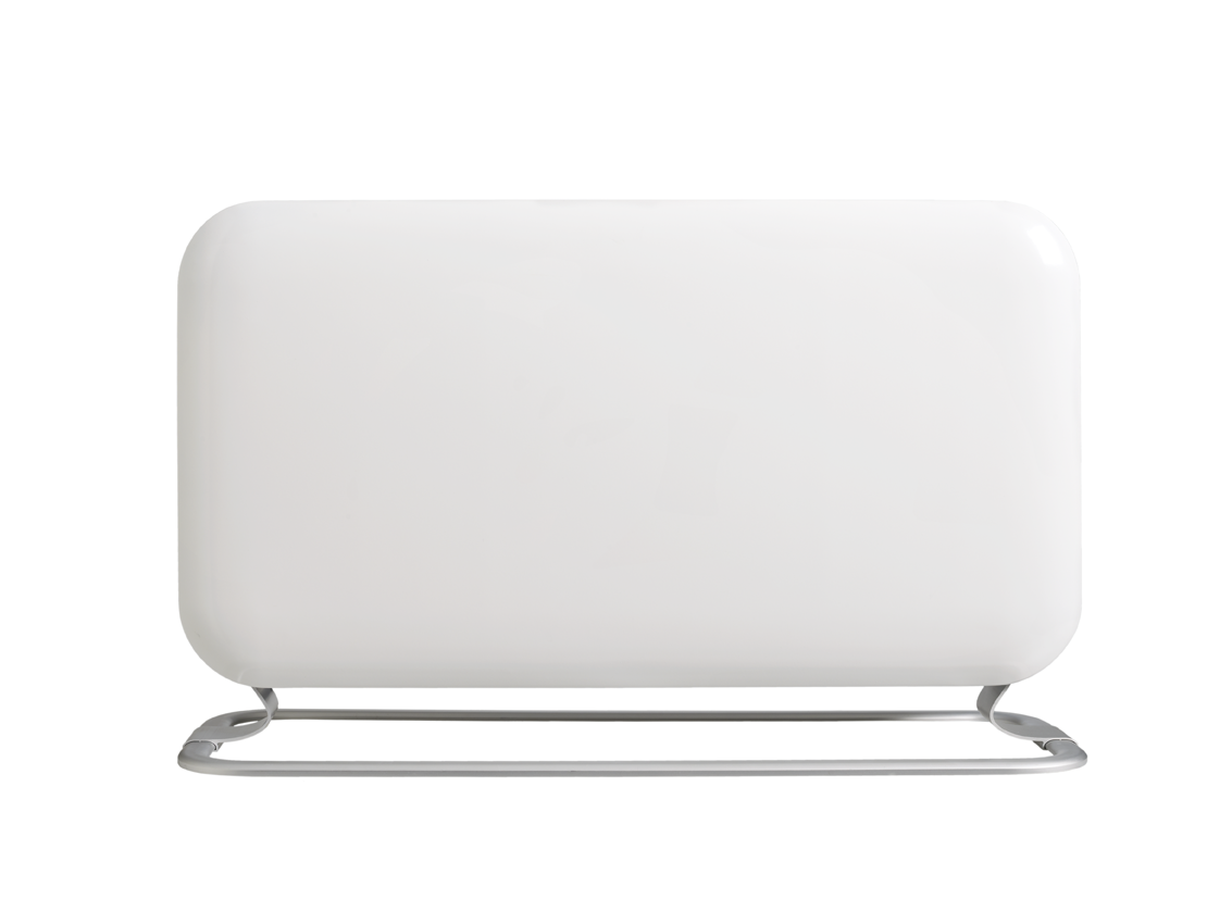 White electric heater on a silver stand, curved design, isolated on white.