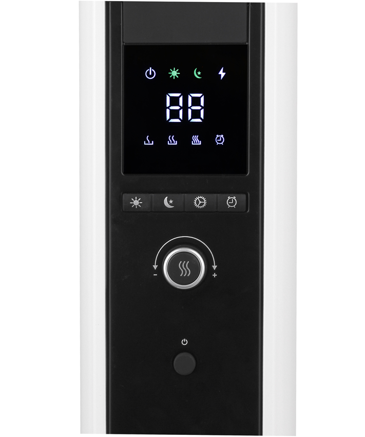Close-up van een wit en zwart elektronisch apparaat met een digitaal display en bedieningsknoppen.