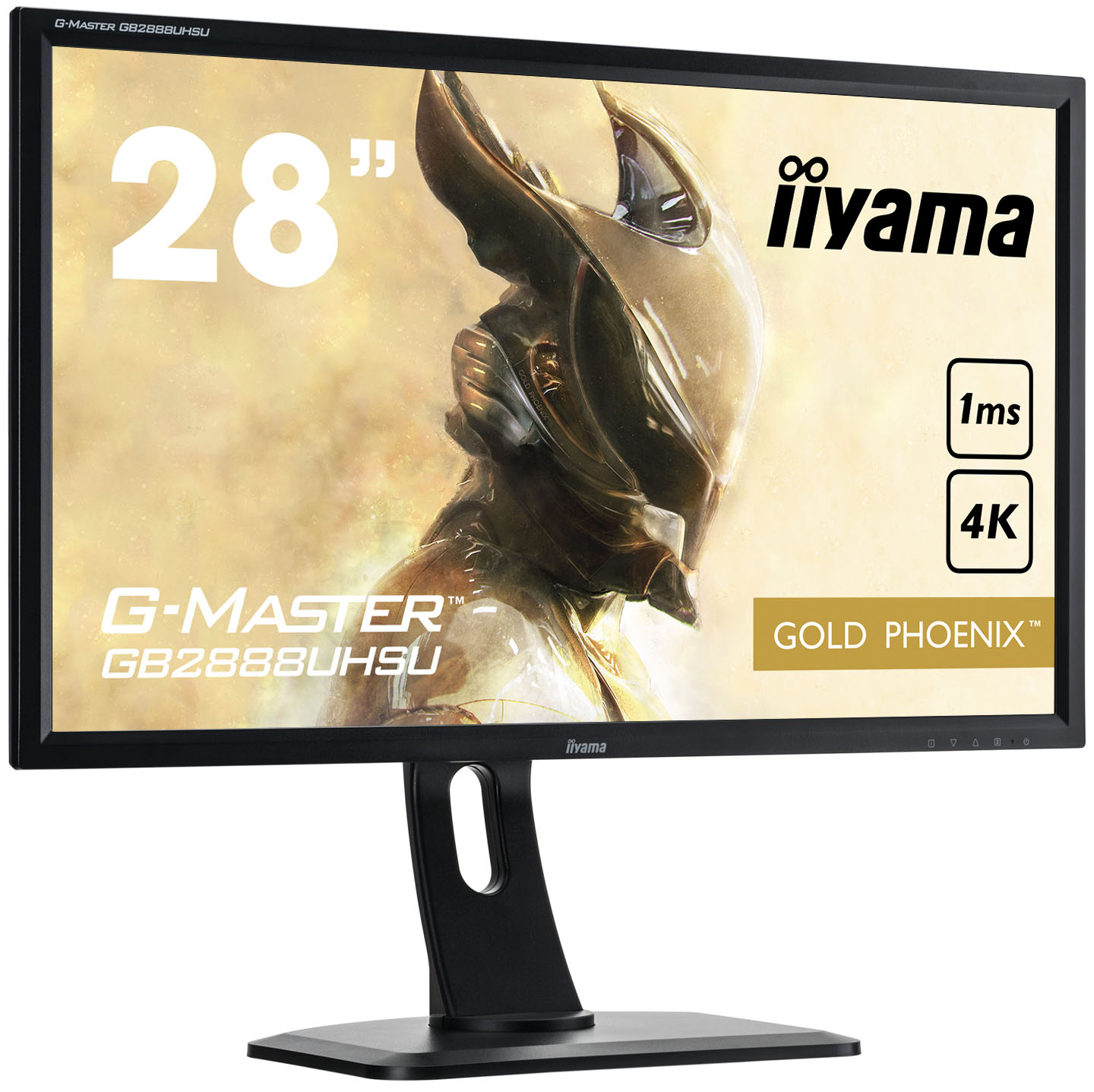 Schwarzer Computermonitor. 28 Zoll. Gold Phoenix Logo. Marke Iiyama. 1ms, 4K Auflösung.