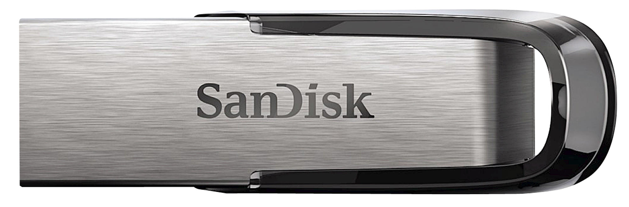 Silberner Sandisk USB-Stick mit schwarzen Akzenten, Sandisk-Logo sichtbar.