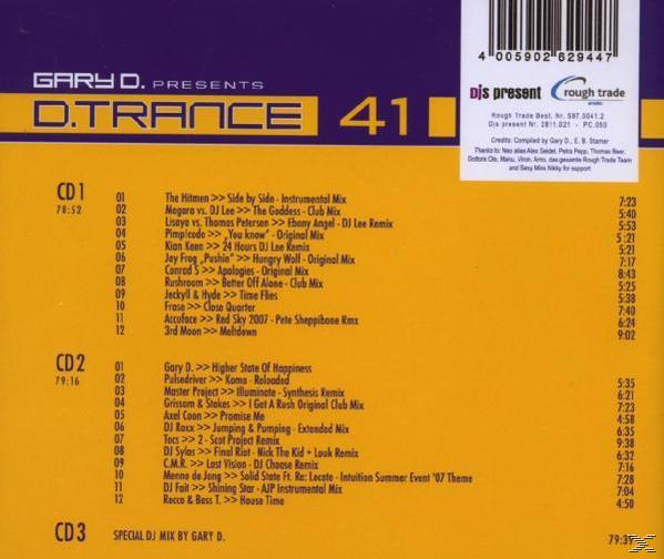 CD-Cover mit Titelliste für D. Trance 41. Lila und weißes Design.