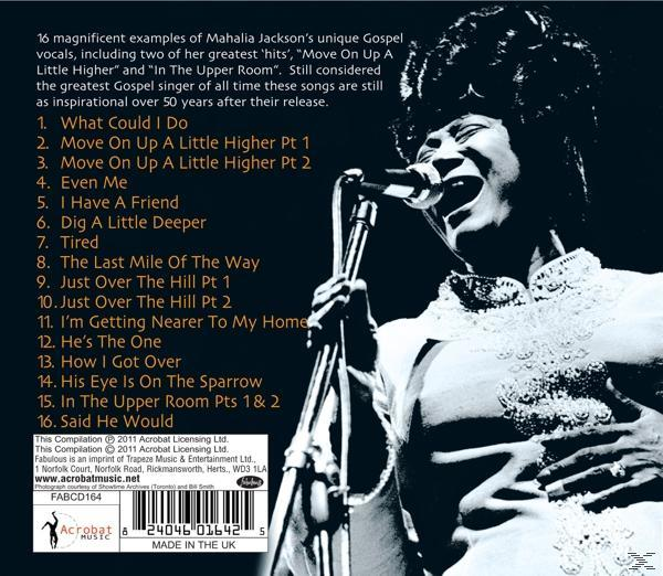 Albumcover mit Mahalia Jackson beim Singen. Text listet Songs und Albumdetails. Hintergrund ist ein Musikstudio.