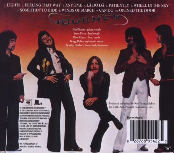 Rückseite des 'Journey'-Albums. Bandmitglieder und Titelliste sind sichtbar. Dunkler Hintergrund.