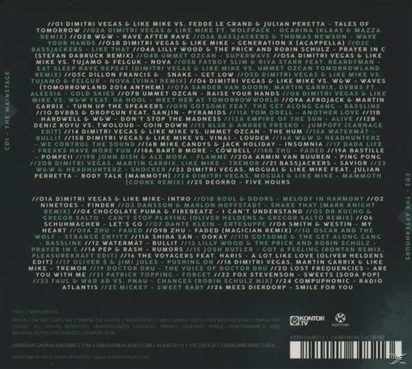 Pochette de CD. Les pistes sont listées. Mainstage et Afterhours. Plusieurs noms et titres de chansons sont visibles.