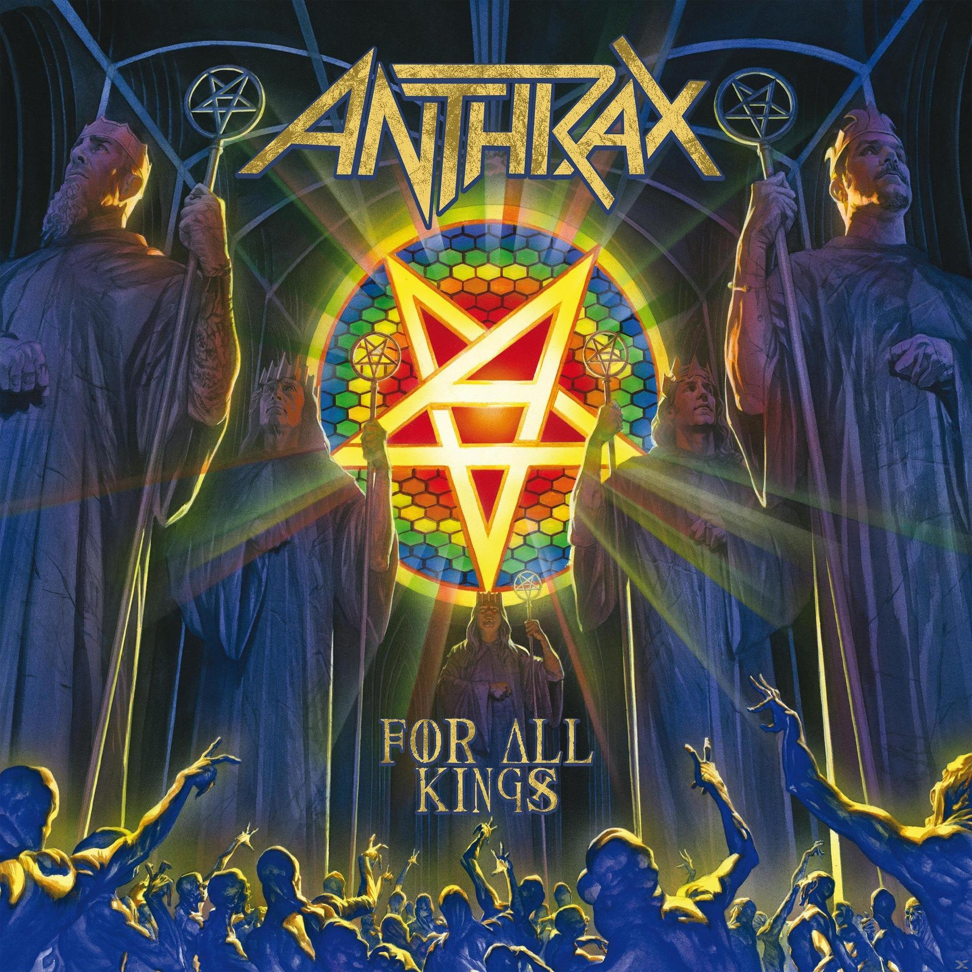 Album borító egy ólomüveg ablakkal és emberekkel, fölötte az Anthrax felirattal.