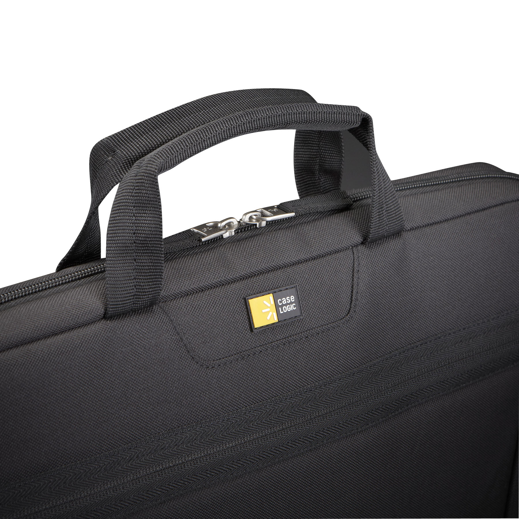 Black Case Logic laptop bag with a handle and a metal zipper, and a yellow Case Logic logo.