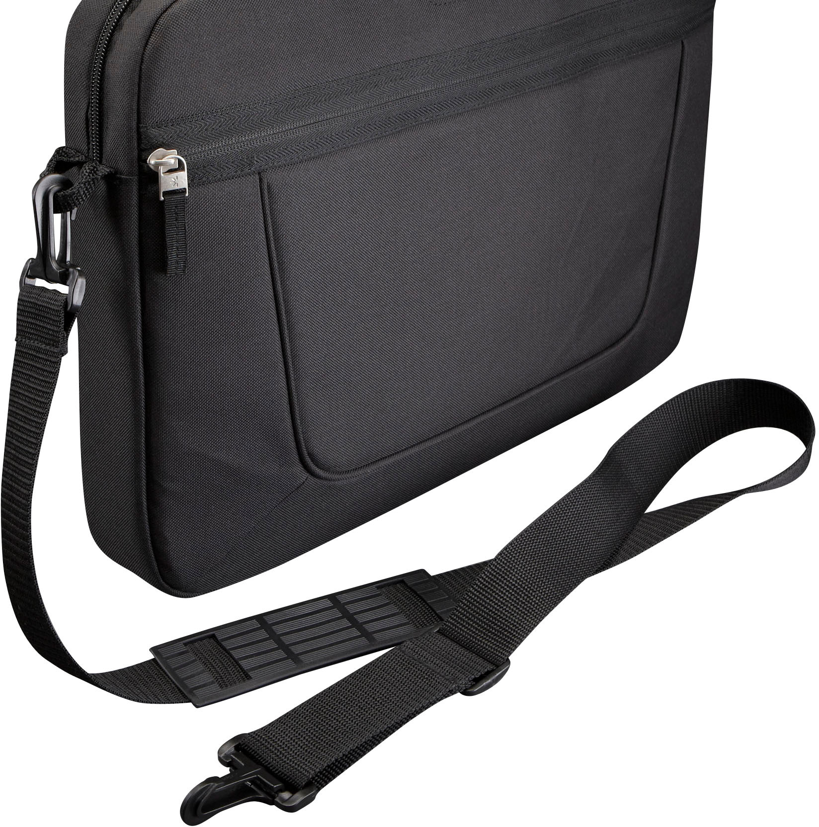 Black laptop bag with a zipper, a shoulder strap, and handle. The bag is plain.