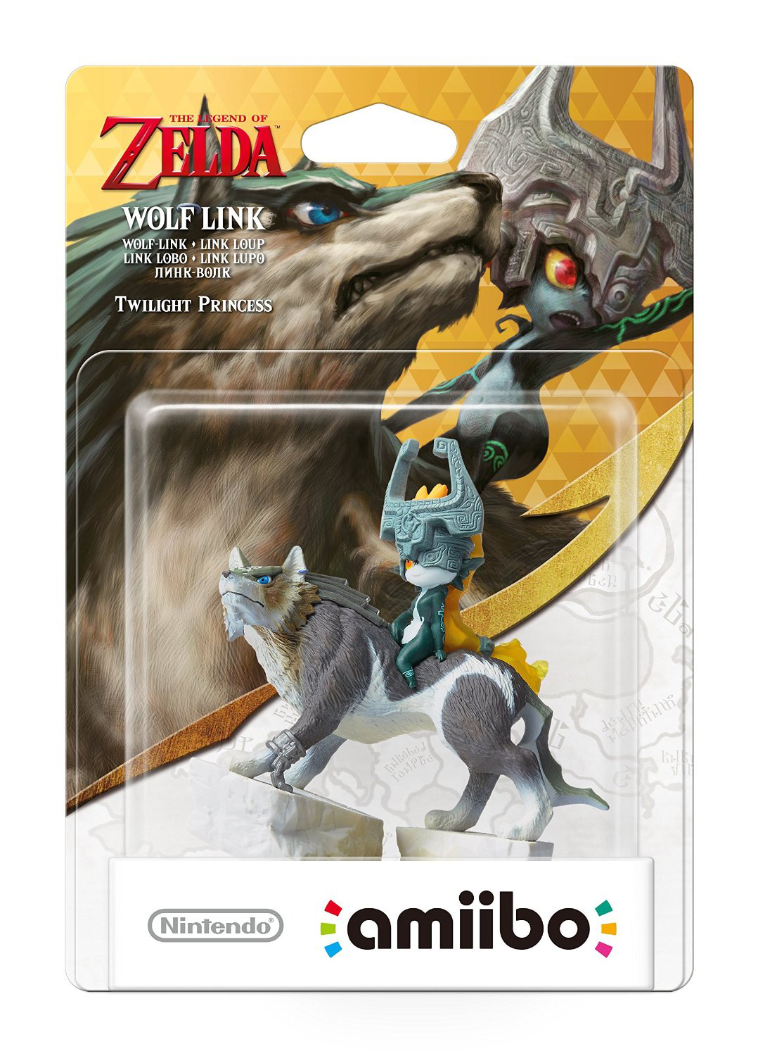 Amiibo-Verpackung von Wolf Link, der auf einem Wolf reitet. Enthält einen Wolf und Zelda.