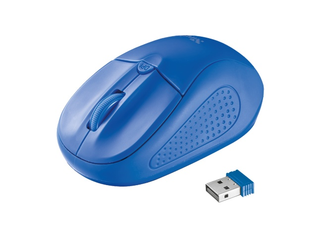 Kék számítógépes egér USB vevővel. Fehér háttér.