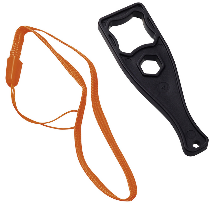 Een zwarte flesopener met een oranje koord.