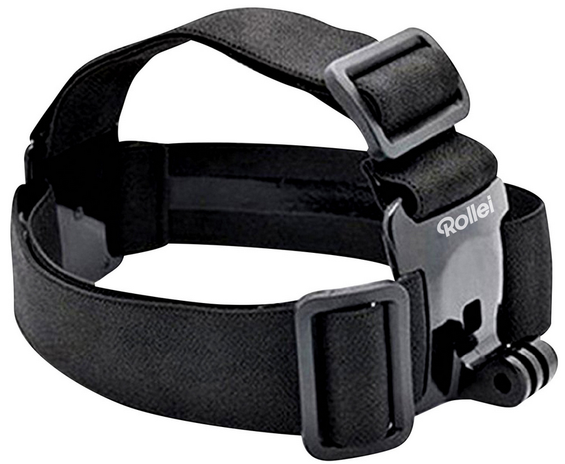 Een zwarte hoofdband voor een camera. Heeft gespen en een bevestigingspunt voor een camera.