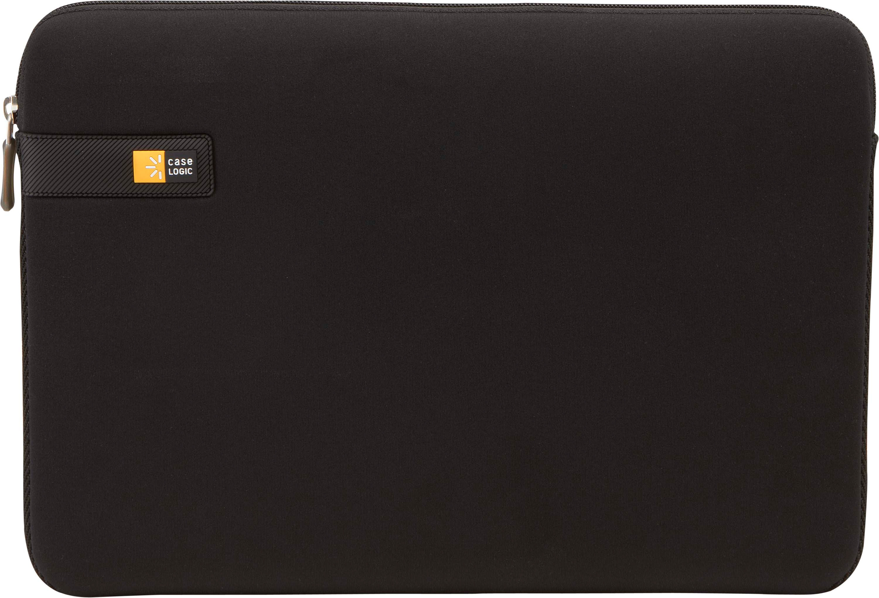 Zwarte laptoptas. Geel 'Case Logic'-logo aan de voorkant met rits.
