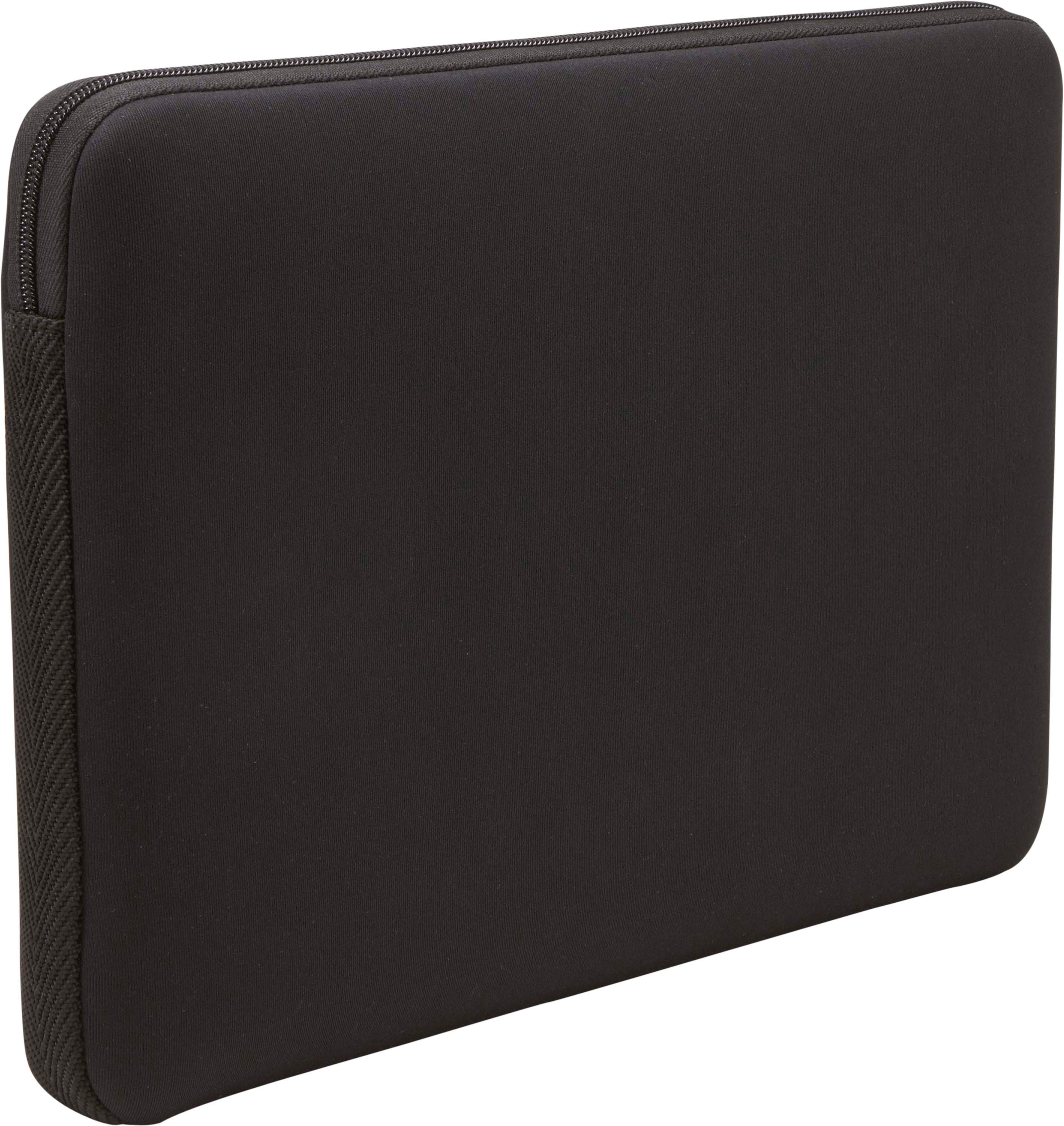 Een zwarte laptoptas met een rits aan de zijkant.