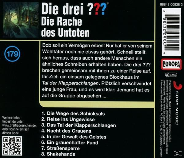CD-Rückseite mit Text über Die Drei ???, einen Mystery-Roman. Grüner und blauer Hintergrund.