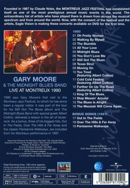CD-Cover mit Gary Moore und der Midnight Blues Band Live in Montreux 1990. Listet Songs und Credits auf.