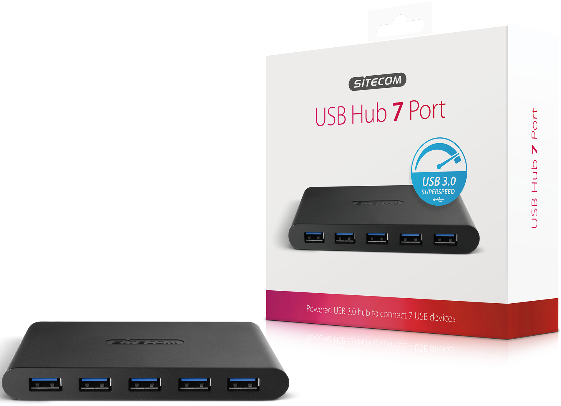 Un hub USB Sitecom noir avec 7 ports est affiché. La boîte affiche le hub et le texte : USB Hub 7 Port, USB 3.0 Superspeed.