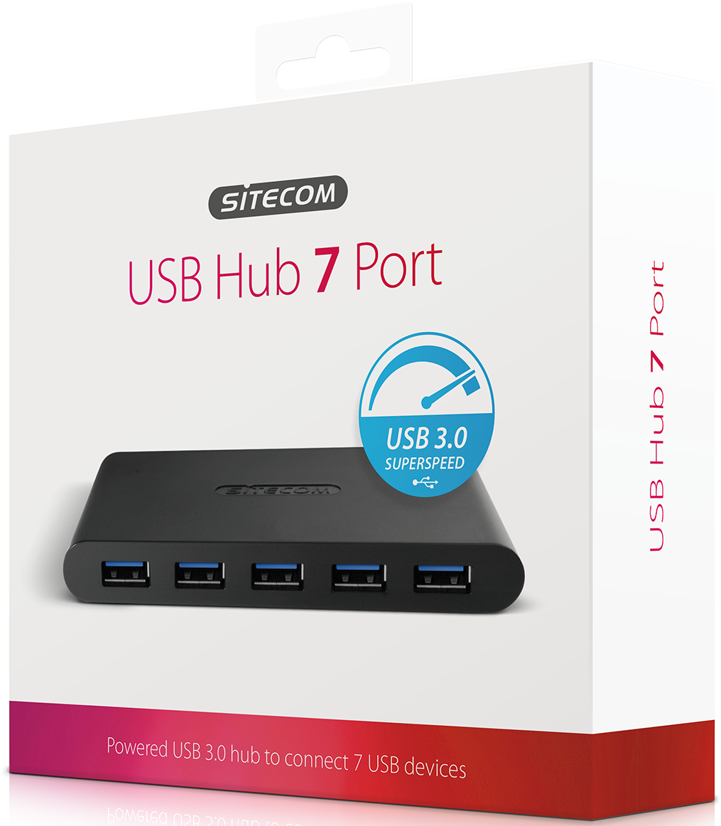 Une boîte Sitecom USB Hub 7 Port. La boîte montre un hub USB noir avec 7 ports, le logo USB 3.0 et les détails du produit.