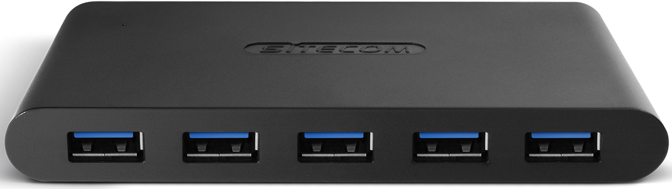 Un hub USB Sitecom noir avec quatre ports USB. Les ports ont des intérieurs bleus. Le logo Sitecom est visible en haut.
