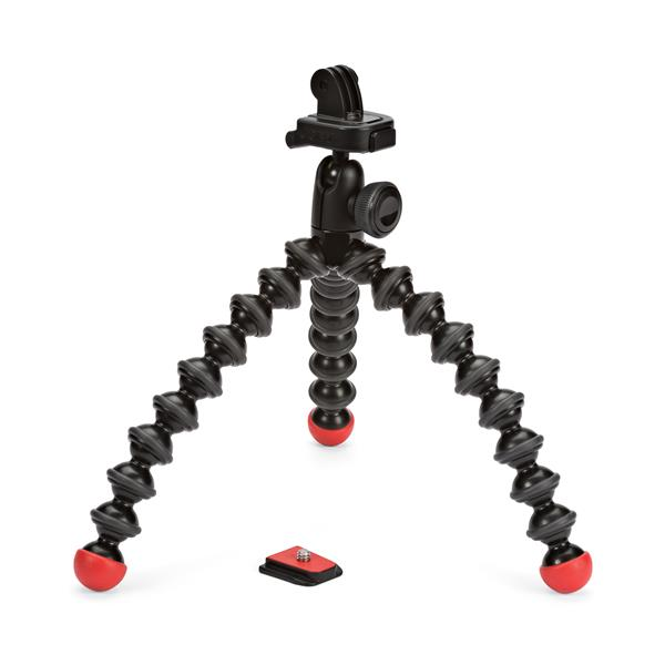Black flexible tripod with red feet. It has a camera mount on top.