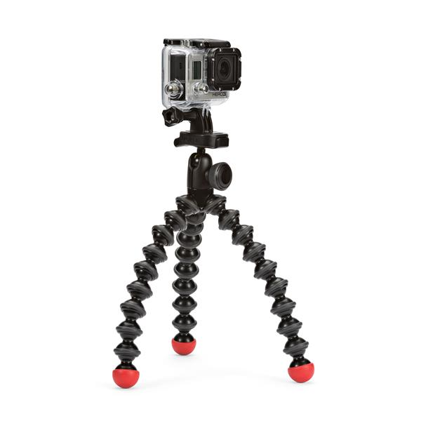 Black GoPro camera on a black and gray tripod with red feet, against a white background.
