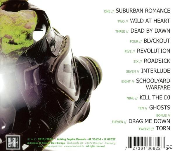 Das Albumcover zeigt eine Gasmaske mit einem grünen, strukturierten Teil. Die Titelliste befindet sich auf der rechten Seite mit einem Barcode unten.