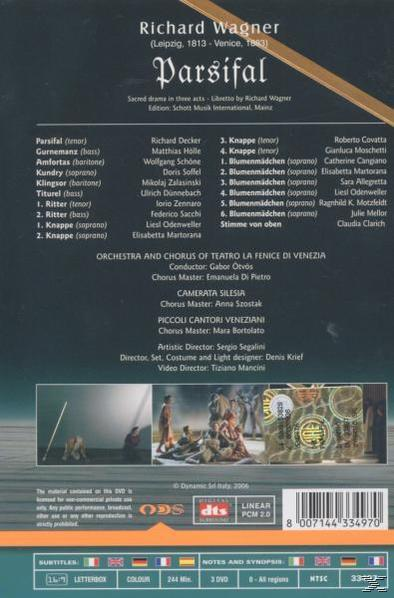 Rückseite einer DVD-Hülle. Text in mehreren Spalten. Titel 'Parsifal' und Namen der Beteiligten.