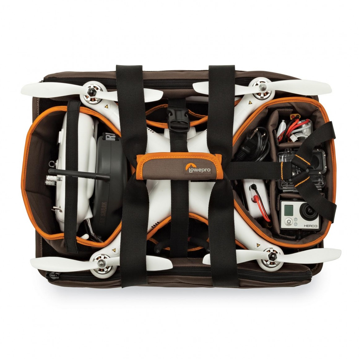 Lowepro drone draagtas open, met drones, camera en accessoires.