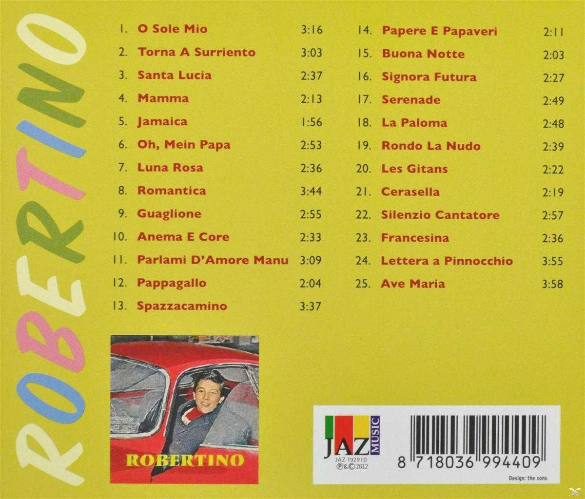 CD-hoes met songtitels, foto van de zanger en een rode auto. De zanger is Robertino.