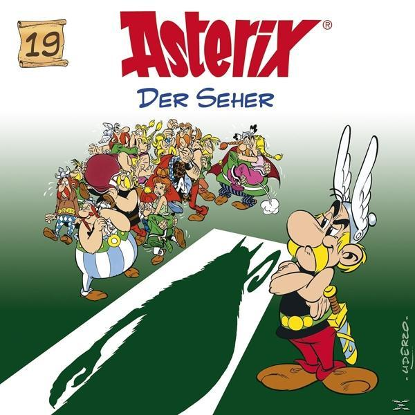 Asterix-Comic-Cover: Asterix blickt einem Schatten entgegen, umgeben von anderen Figuren, mit Text oben.