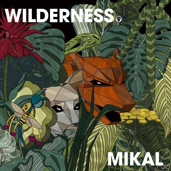Geometrische Tierköpfe im Dschungel: Tiger und Löwe, mit grünen Blättern und Text: WILDERNESS MIKAL.