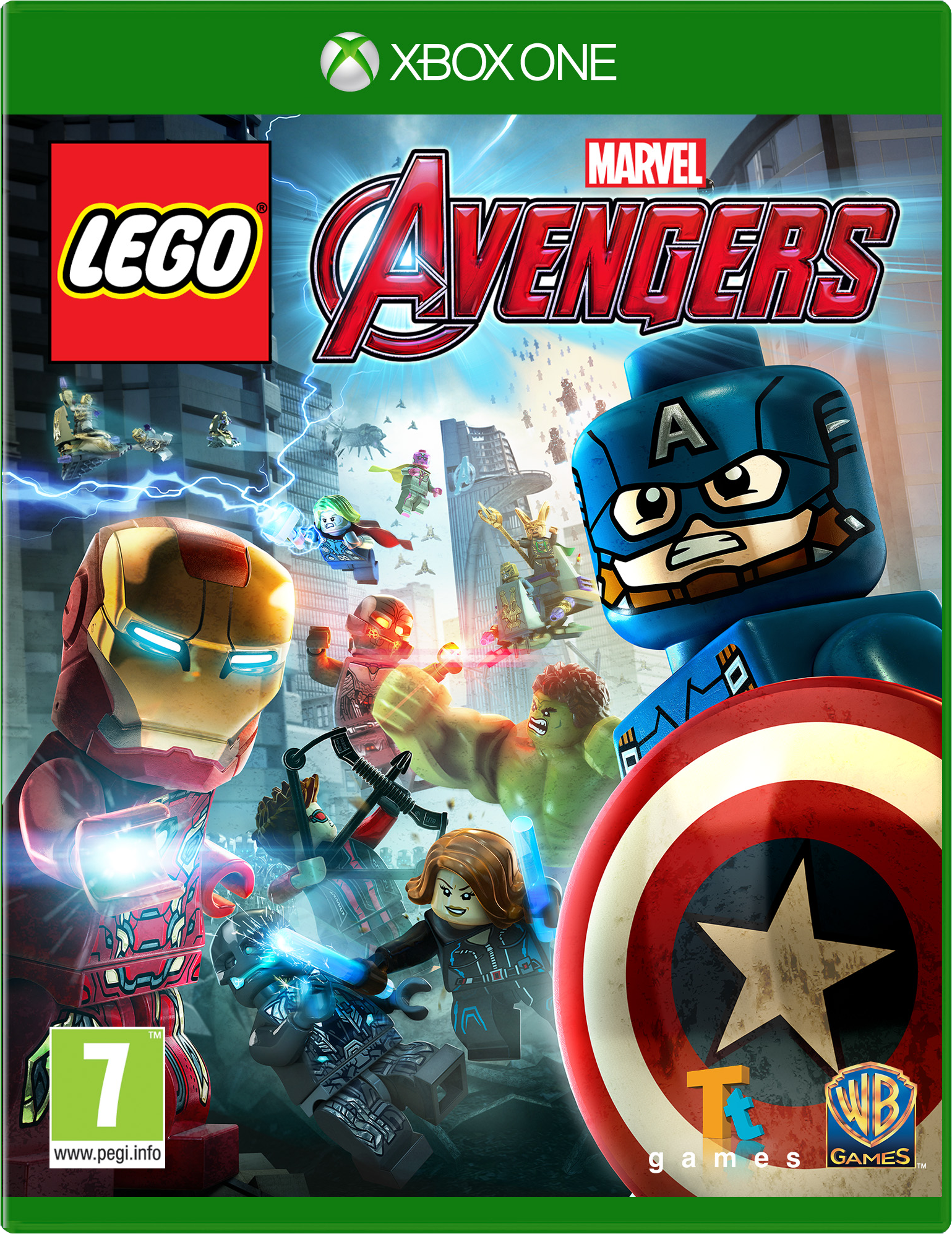 Lego Marvel Avengers játék borítója, Captain America, Iron Man és Hulk szereplésével.
