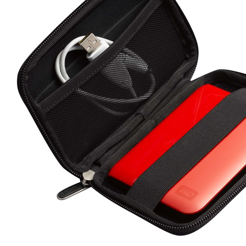 Open black case with hard drive and cable.