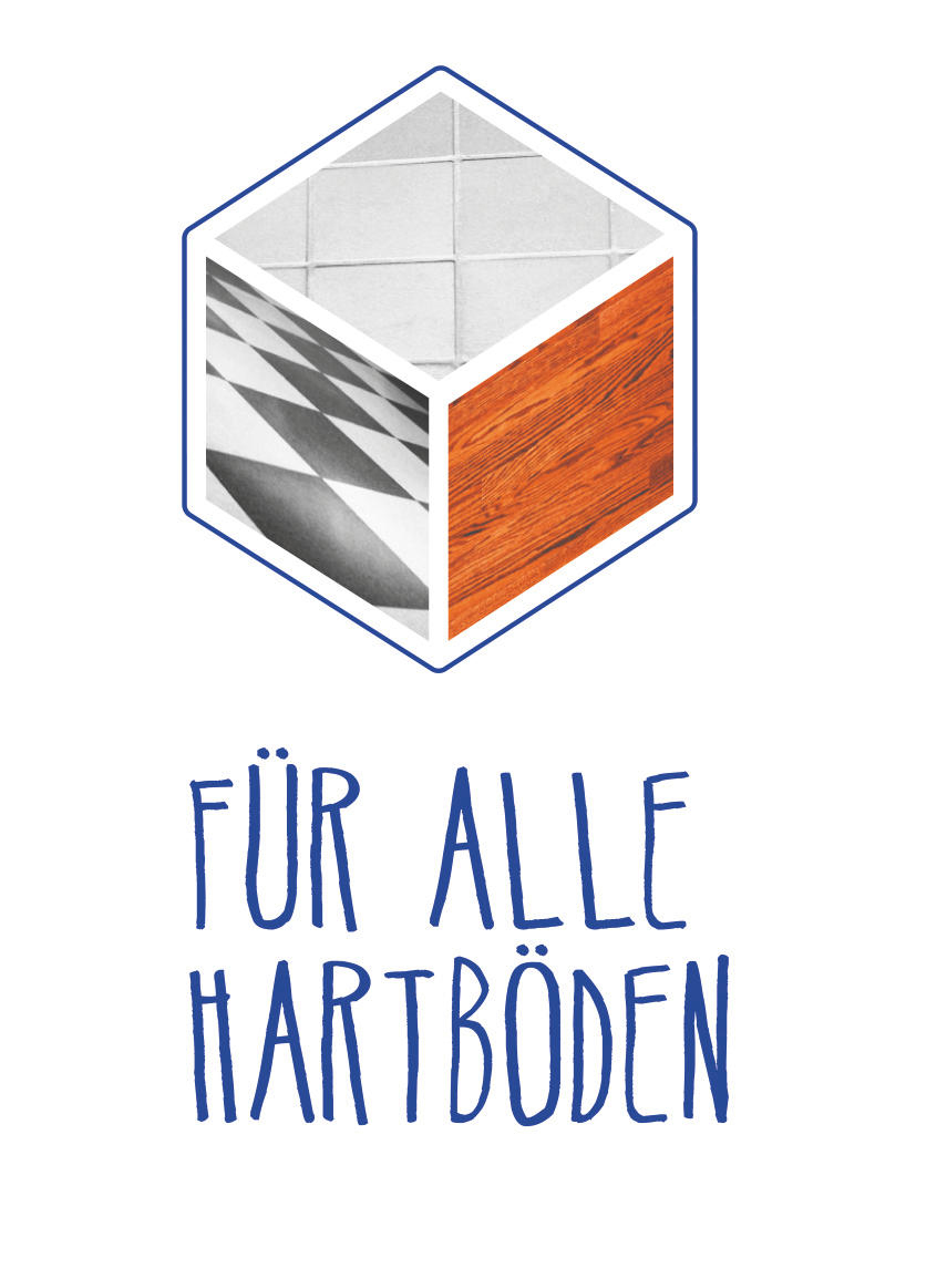 Grafik mit einem Würfel, der Holz, Fliesen und Schachbrettmuster zeigt. Text: 'FÜR ALLE HARTBÖDEN'.