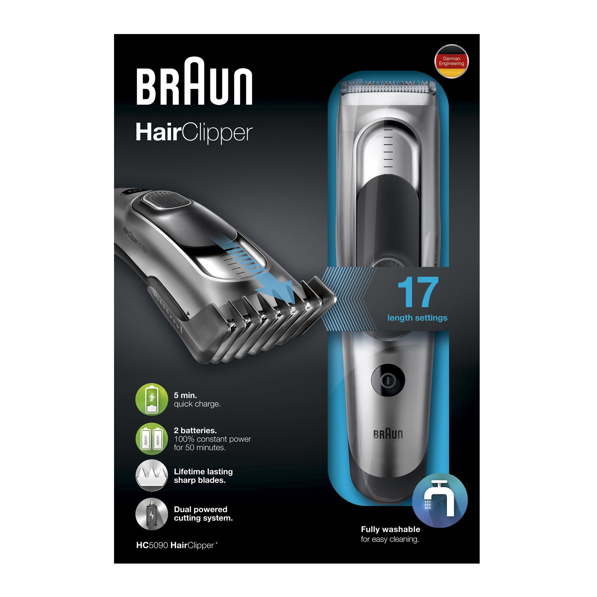 Publicité pour la tondeuse à cheveux Braun. Montre le produit, ses caractéristiques et ses avantages sur un fond noir et argenté.