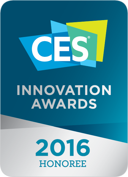 CES Innovation Awards Logo mit blau, grün Farben; Text sagt 2016 Honoree.