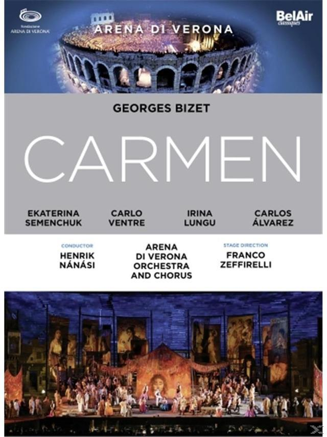 DVD-Cover für Carmen-Oper. Enthält die Arena di Verona, Darsteller und den Titel.