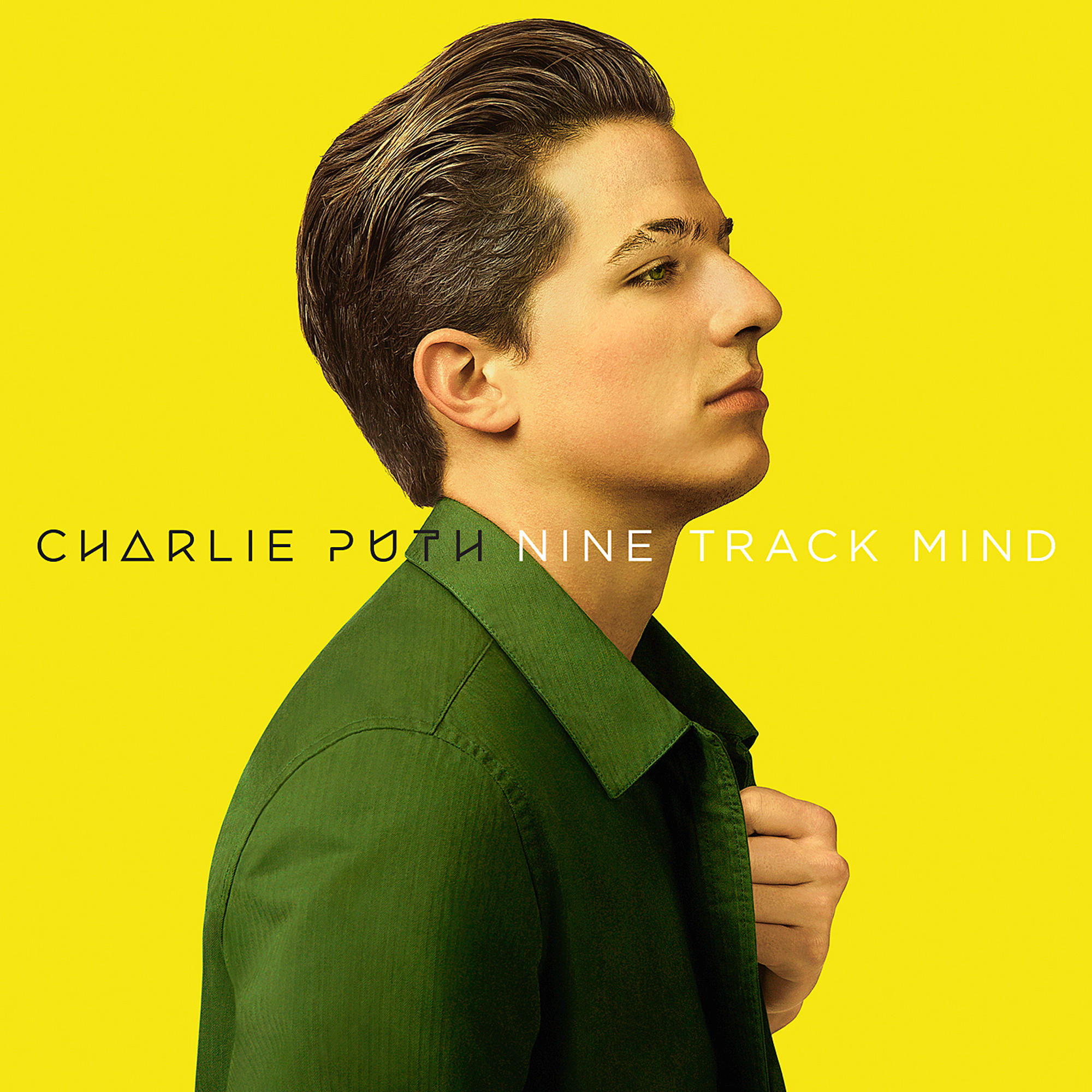 Charlie Puth album borítója, profilból, zöld inget visel, sárga háttérrel. A szöveg: "Nine Track Mind".