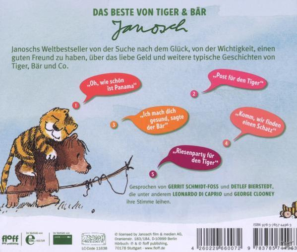 Rückseite eines Janosch-Buches. Tiger und Bär. Sprechblasen. Text auf Deutsch. Cartoon-Illustration.