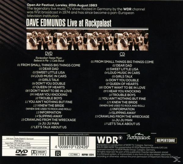 DVD borító: Dave Edmunds Live at Rockpalast. Hátsó borító a számok listájával és a stábbal.