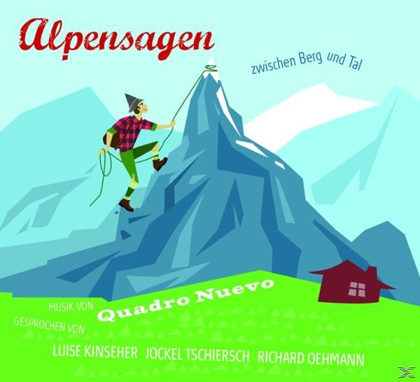 Albumcover für Alpensaagen. Eine Cartoon-Illustration eines Mannes, der einen Berg besteigt.