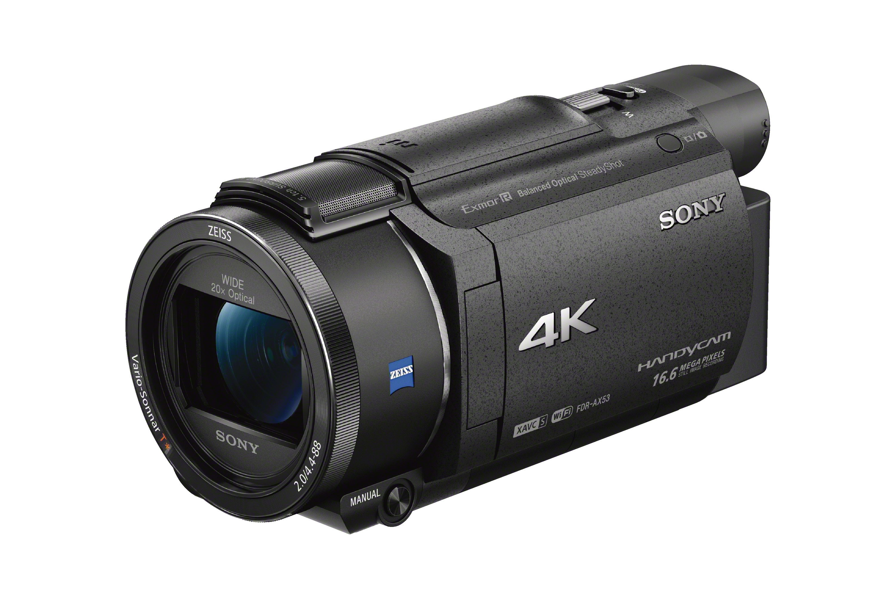 Videocamera Sony 4K Handycam nera. La telecamera è rivolta verso sinistra. Ha un obiettivo, pulsanti e uno schermo.