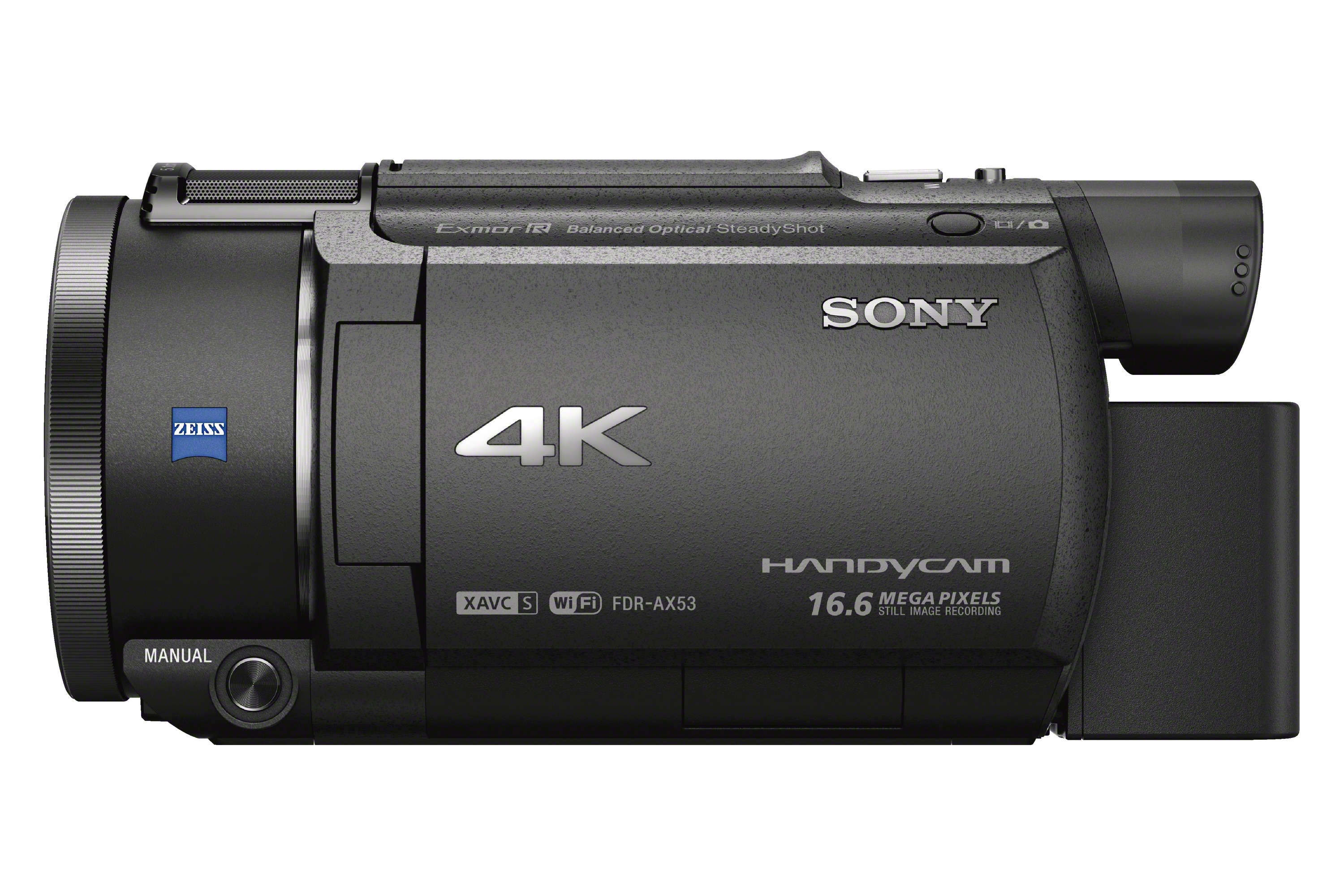 Videocamera nera con scritto '4K' e 'SONY HANDYCAM'.