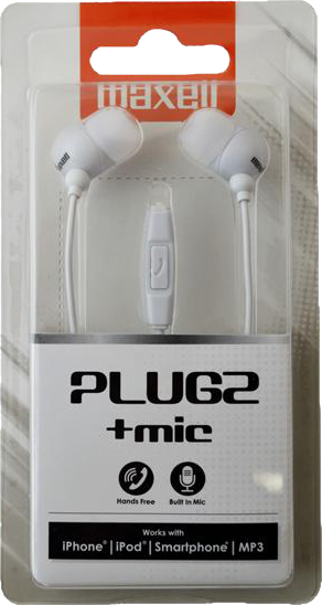 Fülhallgatók átlátszó műanyag csomagolásban, "PLUG2 + mic" felirattal. A márka a Maxell.