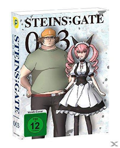 Steins;Gate DVD-Cover: Zwei Anime-Charaktere mit dem Titel 'Steins;Gate' und Altersfreigabe 12.