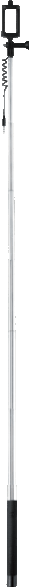 A black and silver selfie stick is vertically centered. It has a phone holder at the top and a black grip at the bottom.