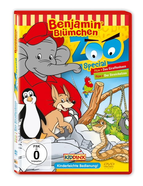 DVD-Cover von Benjamin Blümchen Zoo Special. Enthält einen Elefanten, Pinguin und andere Zeichentricktiere auf einer DVD-Hülle.