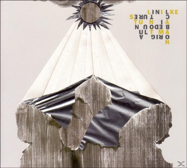 Pochette d'album : art abstrait avec une forme de soleil, du texte et une montagne.