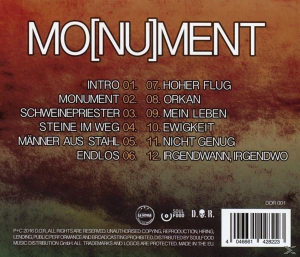 Rückseite einer CD mit Trackliste, Copyright-Informationen und Barcode. Das Wort 'MONUMENT' ist sichtbar.