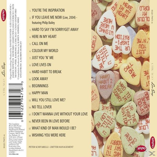 Az album borítóján cukorkaszívek láthatók dalszövegekkel, bal oldalon pedig a számok listája. Az album címe: 'Love Songs' by Chicago.